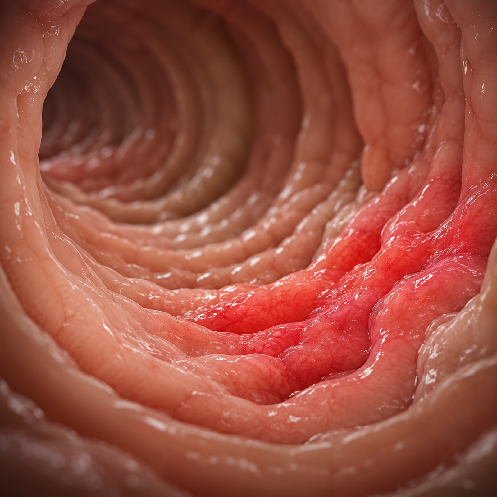 Ilustração estilizada de inflamação na mucosa do intestino delgado
