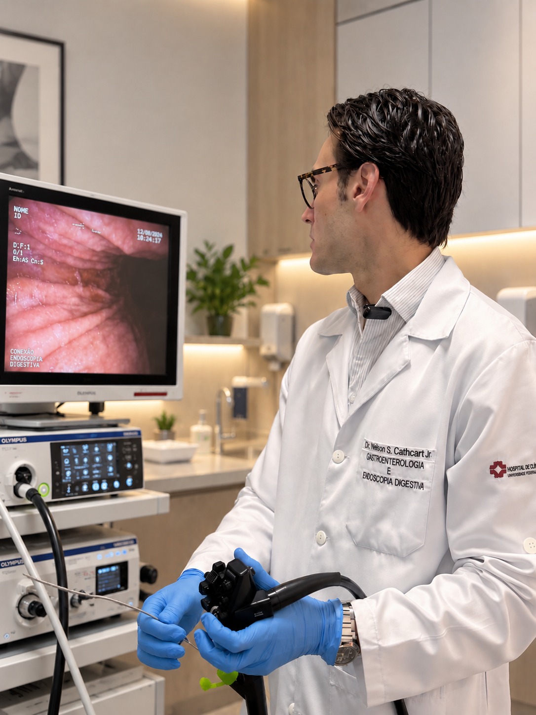 Dr. Nelson Cathcart Jr. observando o monitor durante uma endoscopia