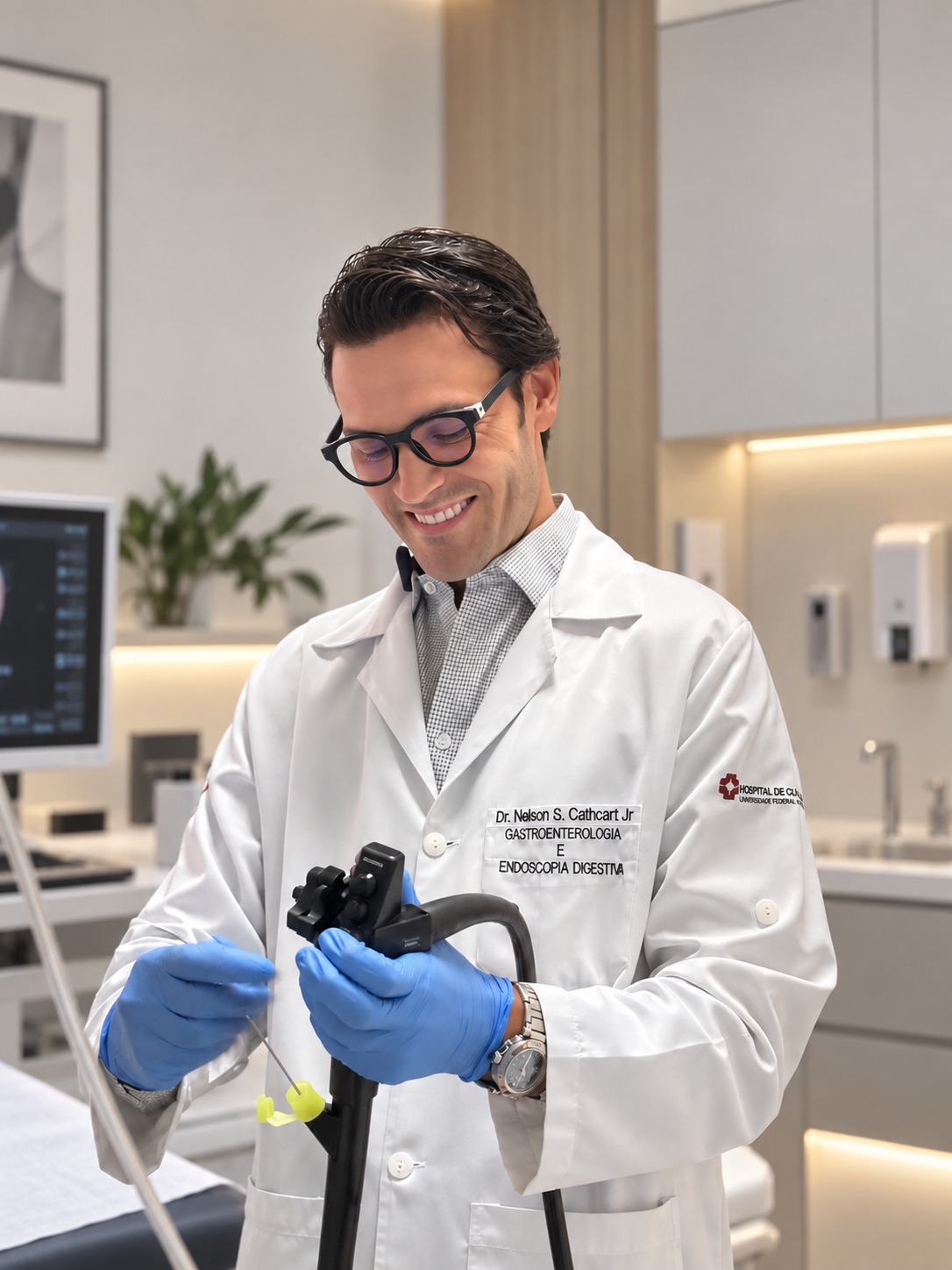 Dr. Nelson Cathcart Jr. preparando o endoscópio na sala de exame